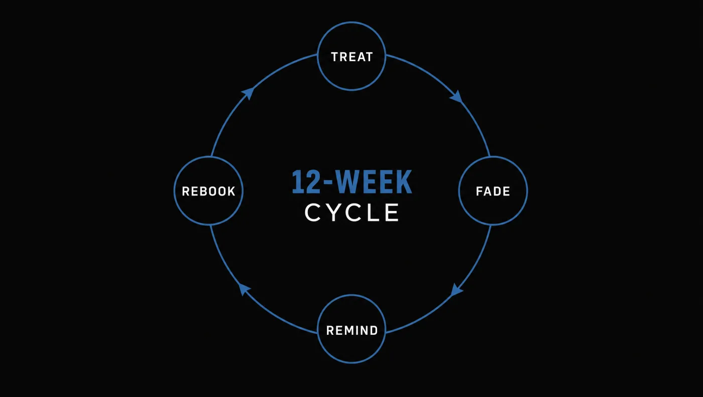Circular diagram of the 12-week Botox patient cycle: treat, fade, remind, rebook